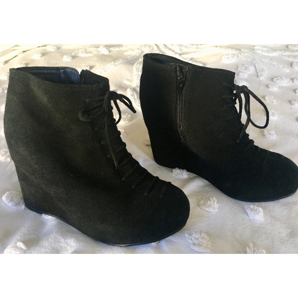 Jeffrey Campbell black suede hidden wedge booties. Fit more like a 9